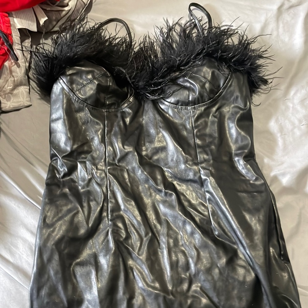 Black leather feather dress